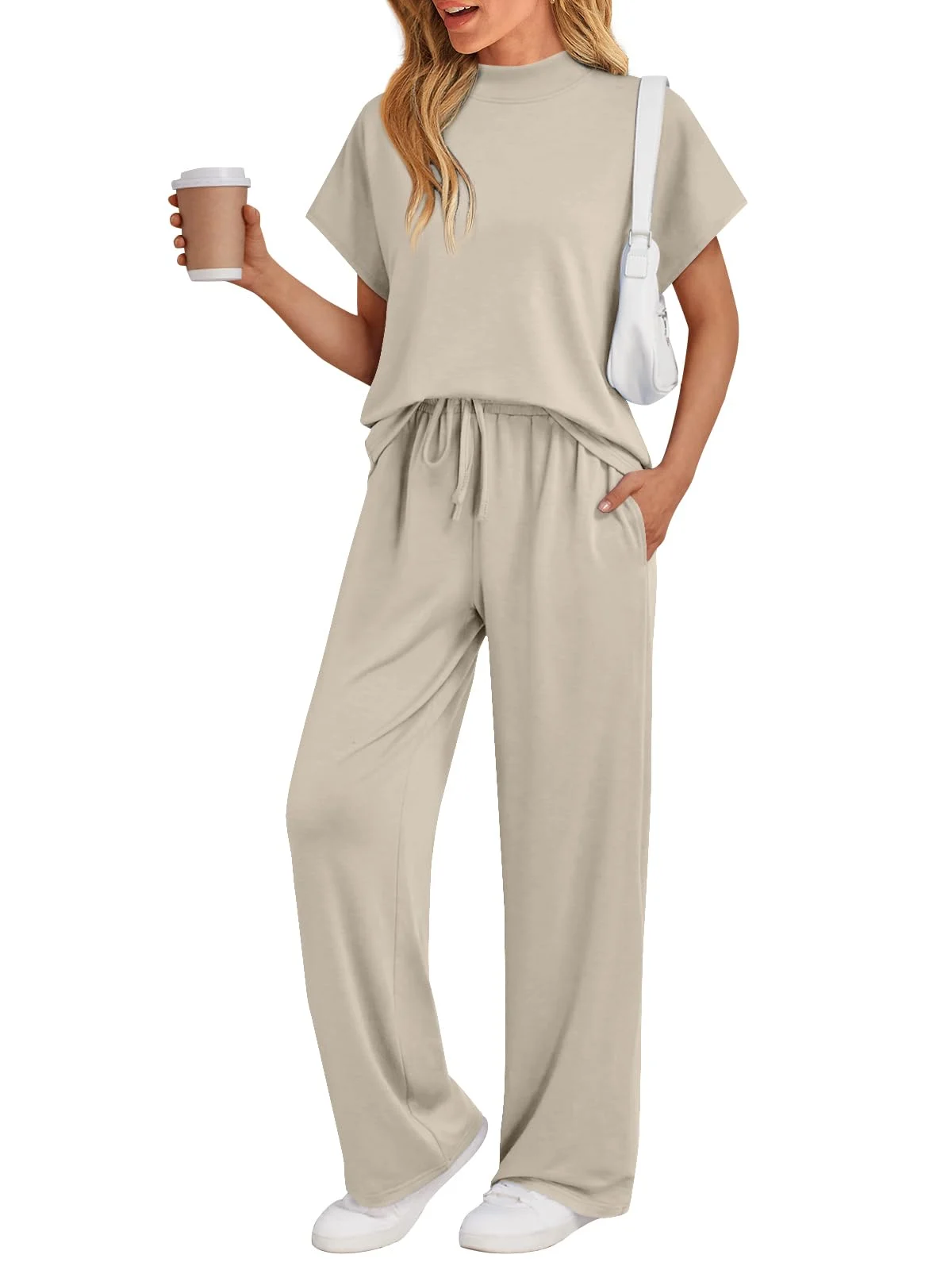 Summer 2-Piece Lounge Set: Mock Neck Short Sleeve Top & Loose Wide Leg Pants