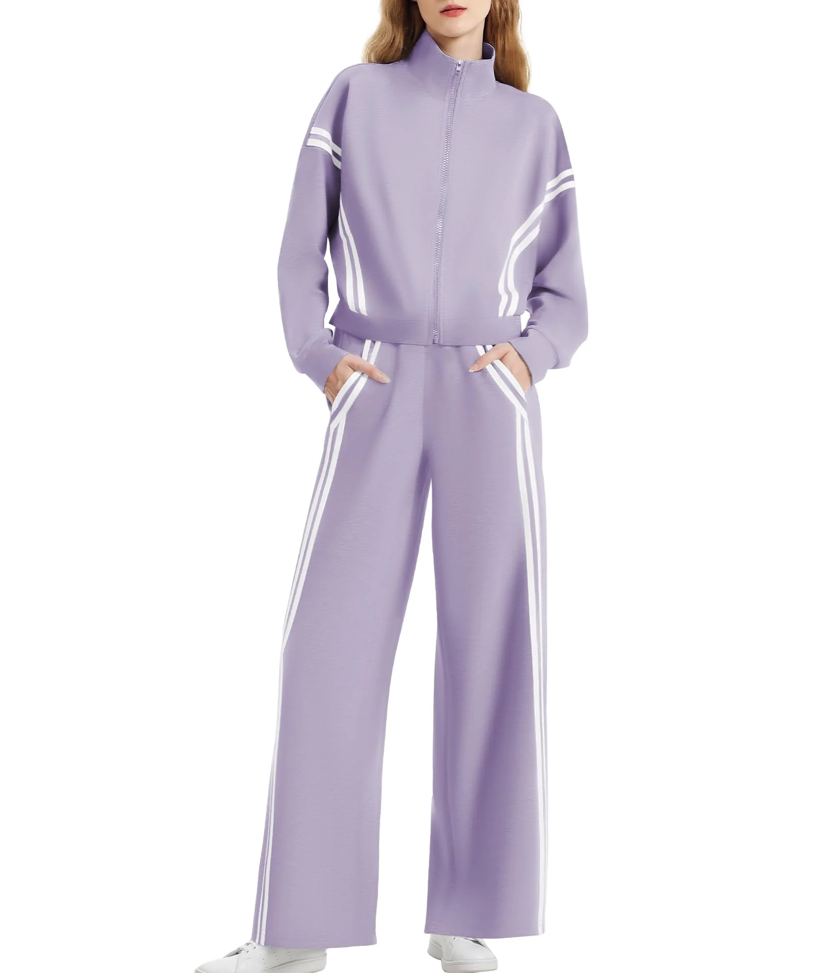 Women's Athletic Zip-Up Striped Sweatshirt & Straight Leg Pants Set
