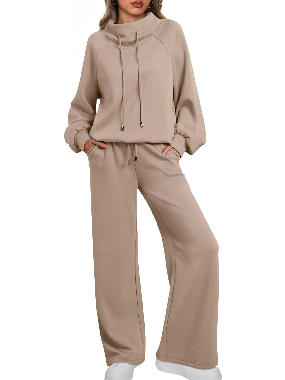 Women's Drawstring Cowl Neck Sweatshirt & Wide Leg Sweatpants Set