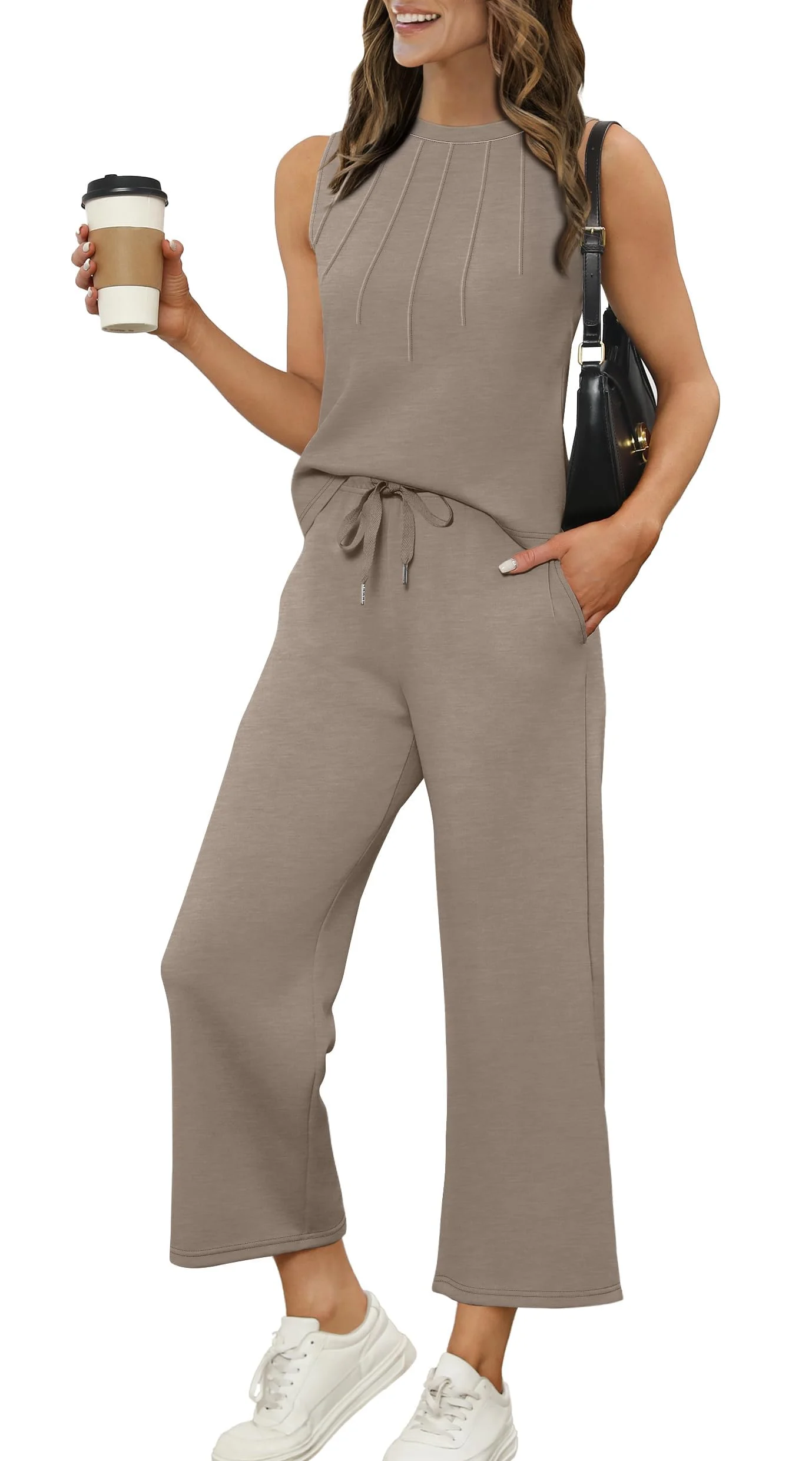 Women's Summer Pant Set: Pleated Mock Neck Sleeveless Top & Drawstring Wide Leg Crop Pants