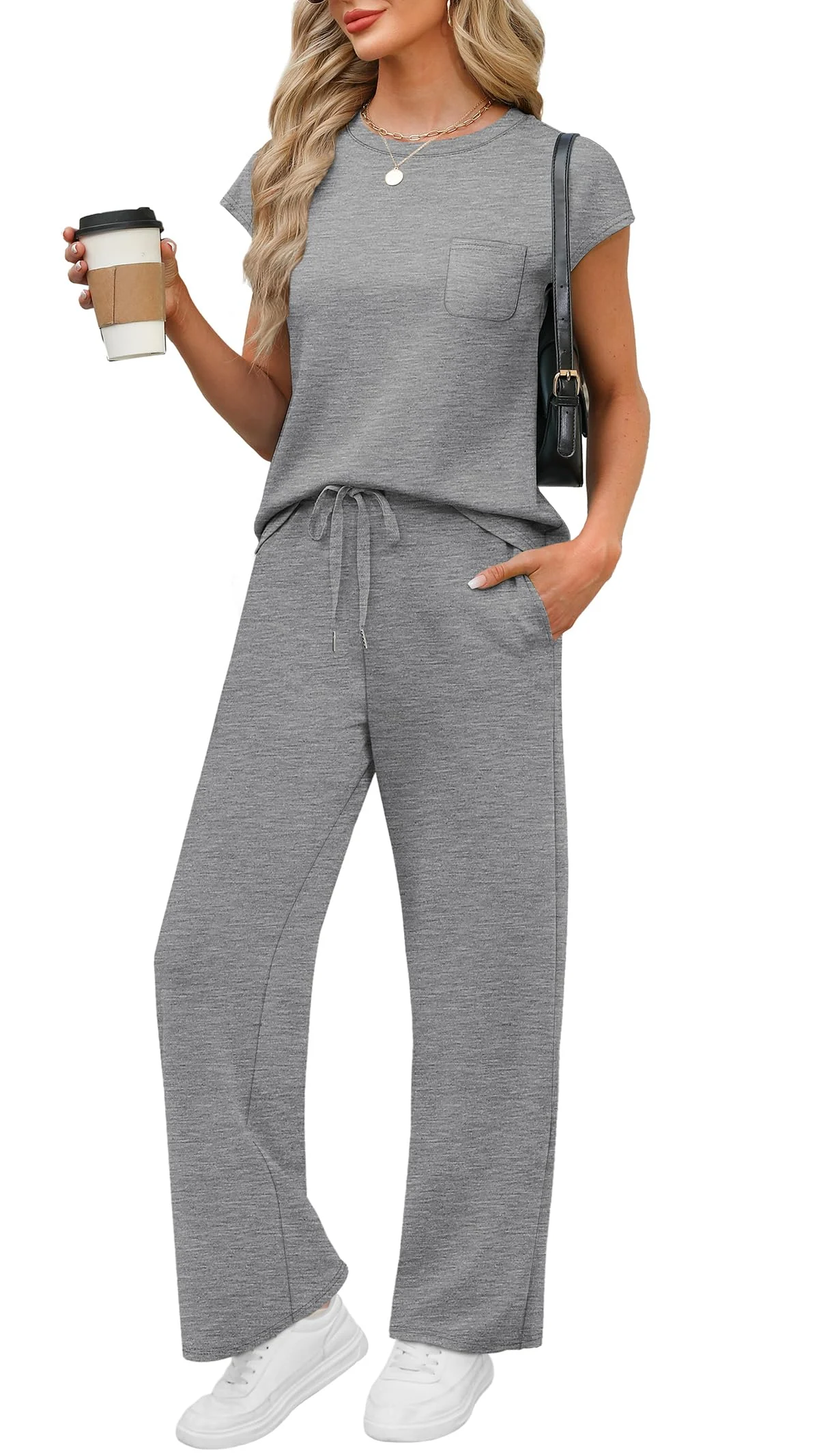 Women's Summer Set: Cap Sleeve T-shirt with Chest Pocket & Wide Leg Pants