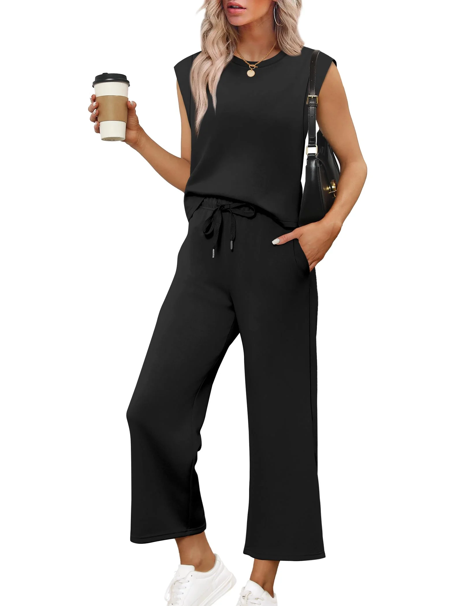Women's Summer Set: Padded Sleeveless Top & Elastic Wide Leg Crops