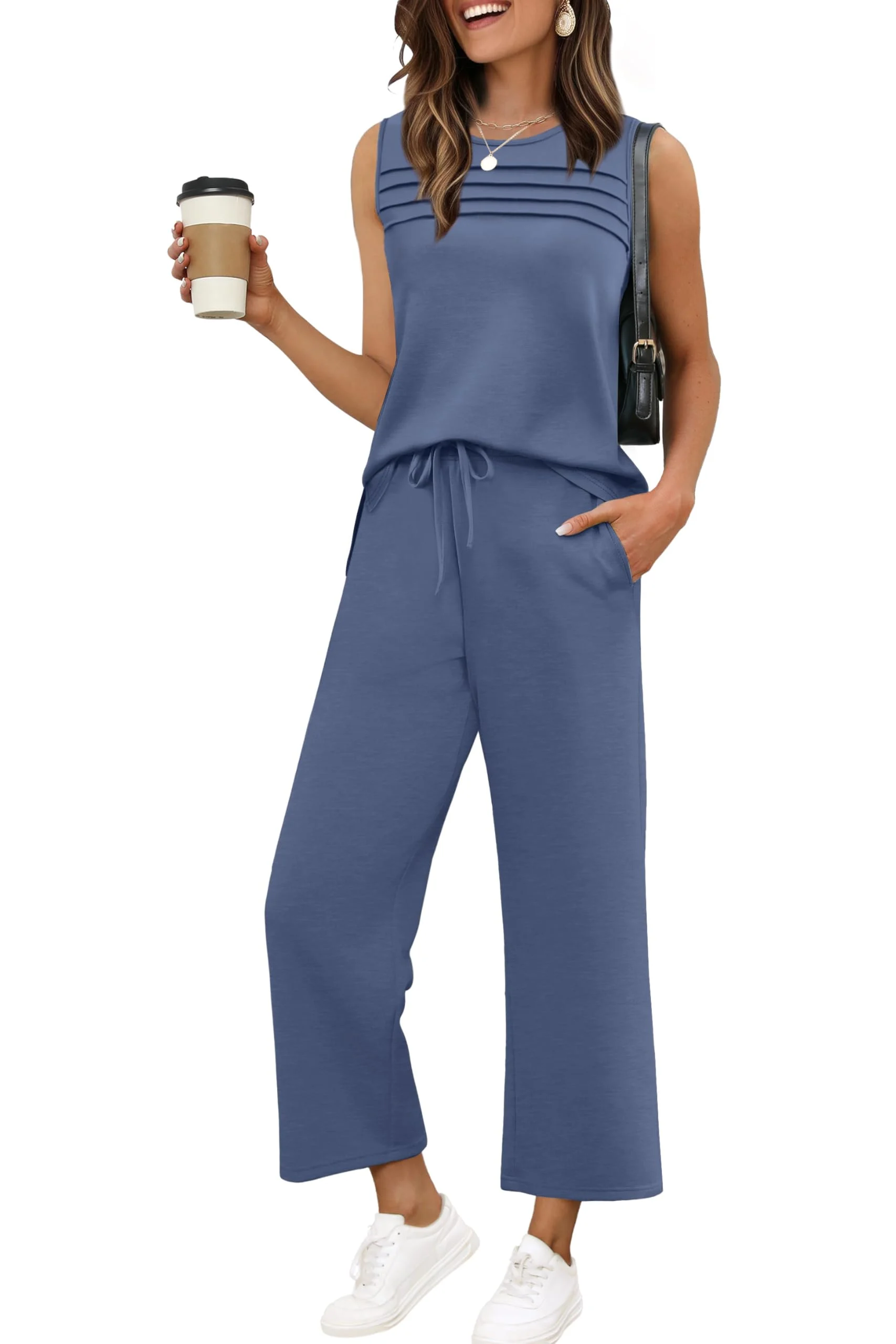 Women's Summer Two-Piece Set: Pleated Bust Sleeveless Top & Wide Leg Crop Pants