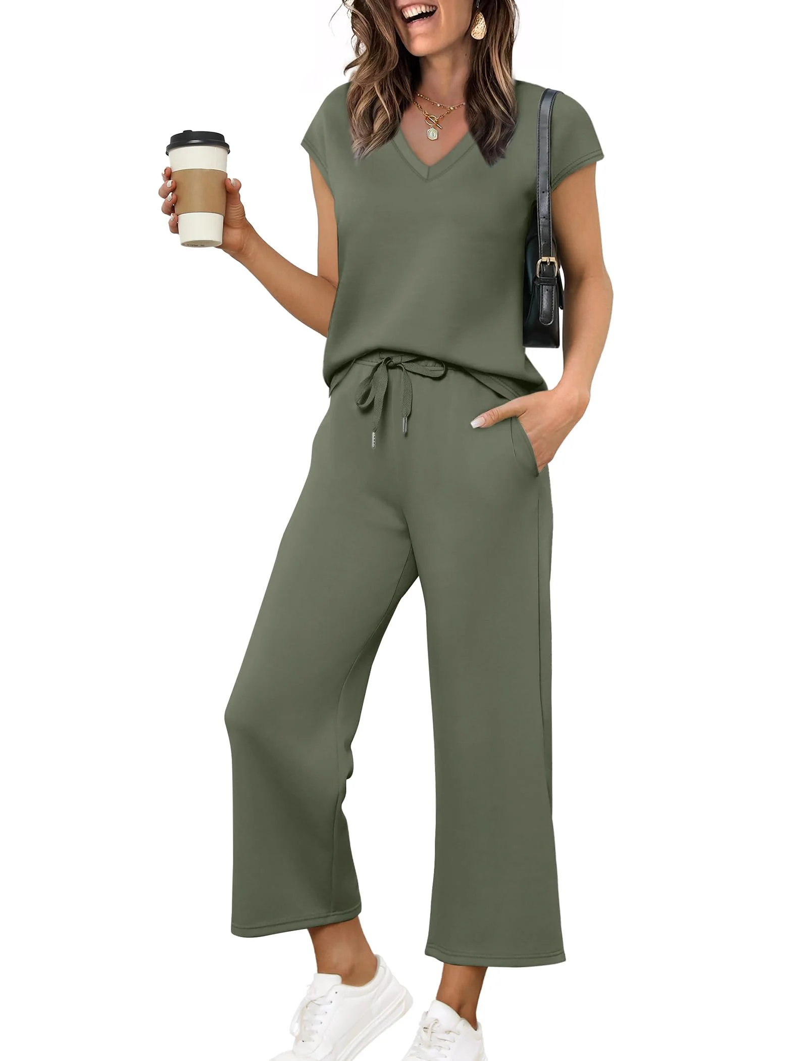 Women's Summer Two-Piece Set: V-Neck Short Sleeve Top & Drawstring Wide Leg Pants